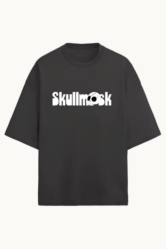 Screw Perfect Baggy Tee in black, showcasing a stylish puff white vinyl print on a relaxed-fit design-SKULLMASK